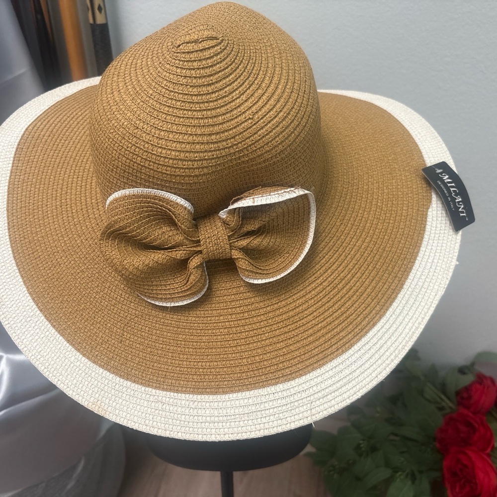Milan Straw Sun Hat w/ Bow – Two Tone Brim – Brand New